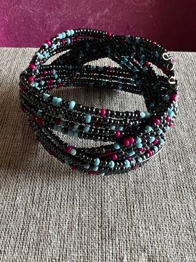 Wide Beaded Cuff Bracelet Boho Braid Wire Wrap Pink Baby Blue Multi Layer Flex